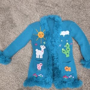 Teal Embroidered Kids Cardigan with Fun Desert Motifs
